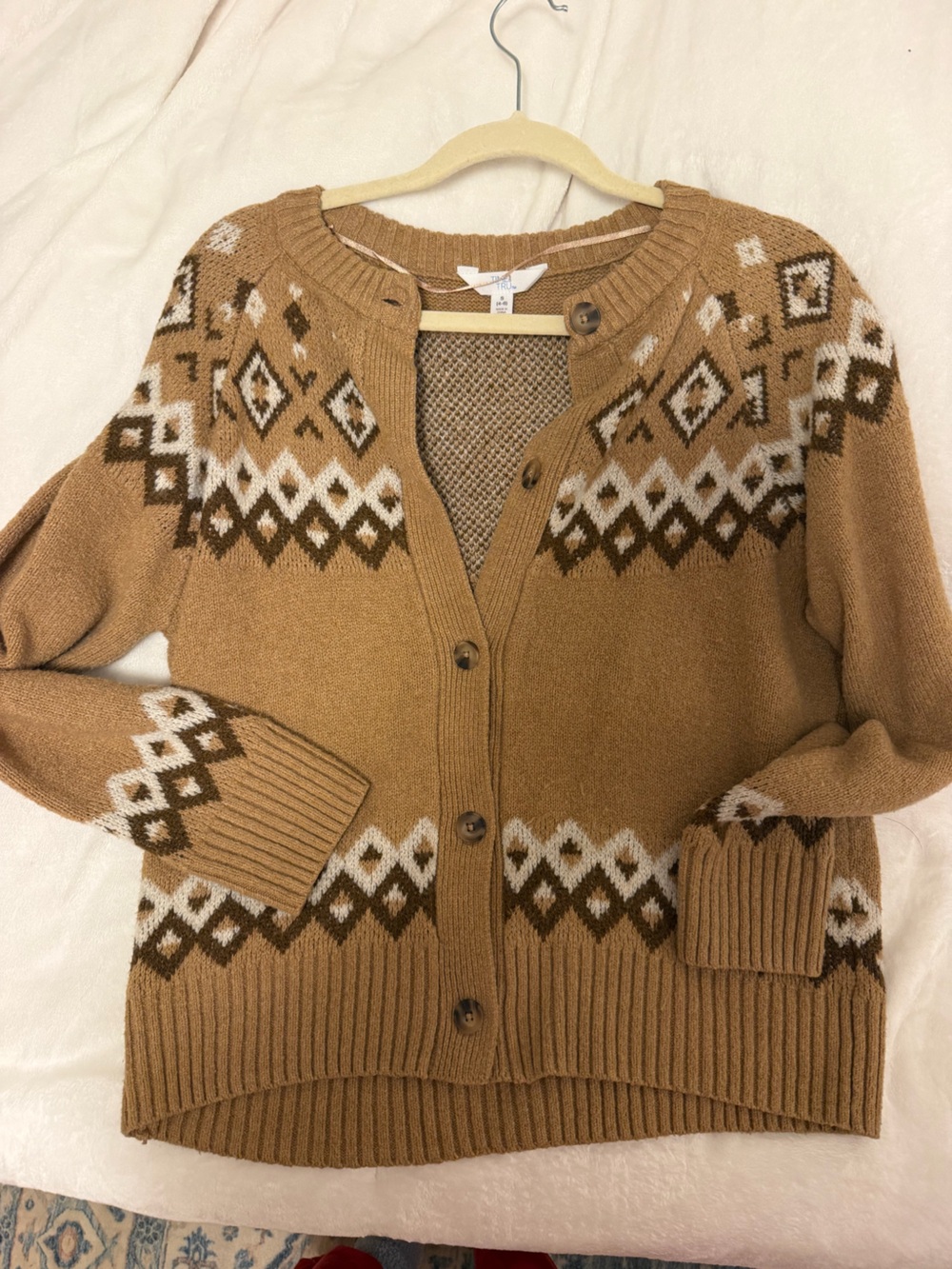 Time and Tru Camel Fair Isle Button-Up Cardigan